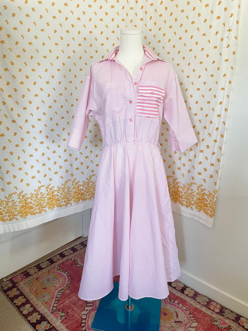 Vintage 80s Rhymes Pink Striped Workwear Shirt Dress Made in USA Size 8